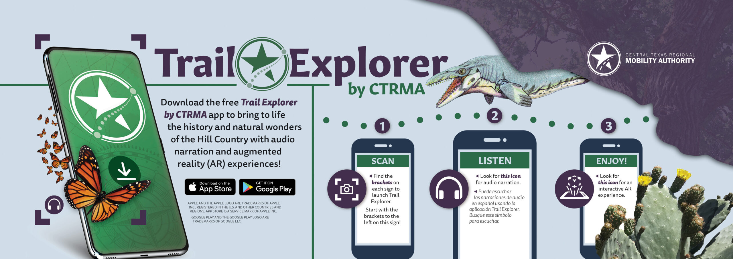 Graphic depicting the Trail Explorer app and features