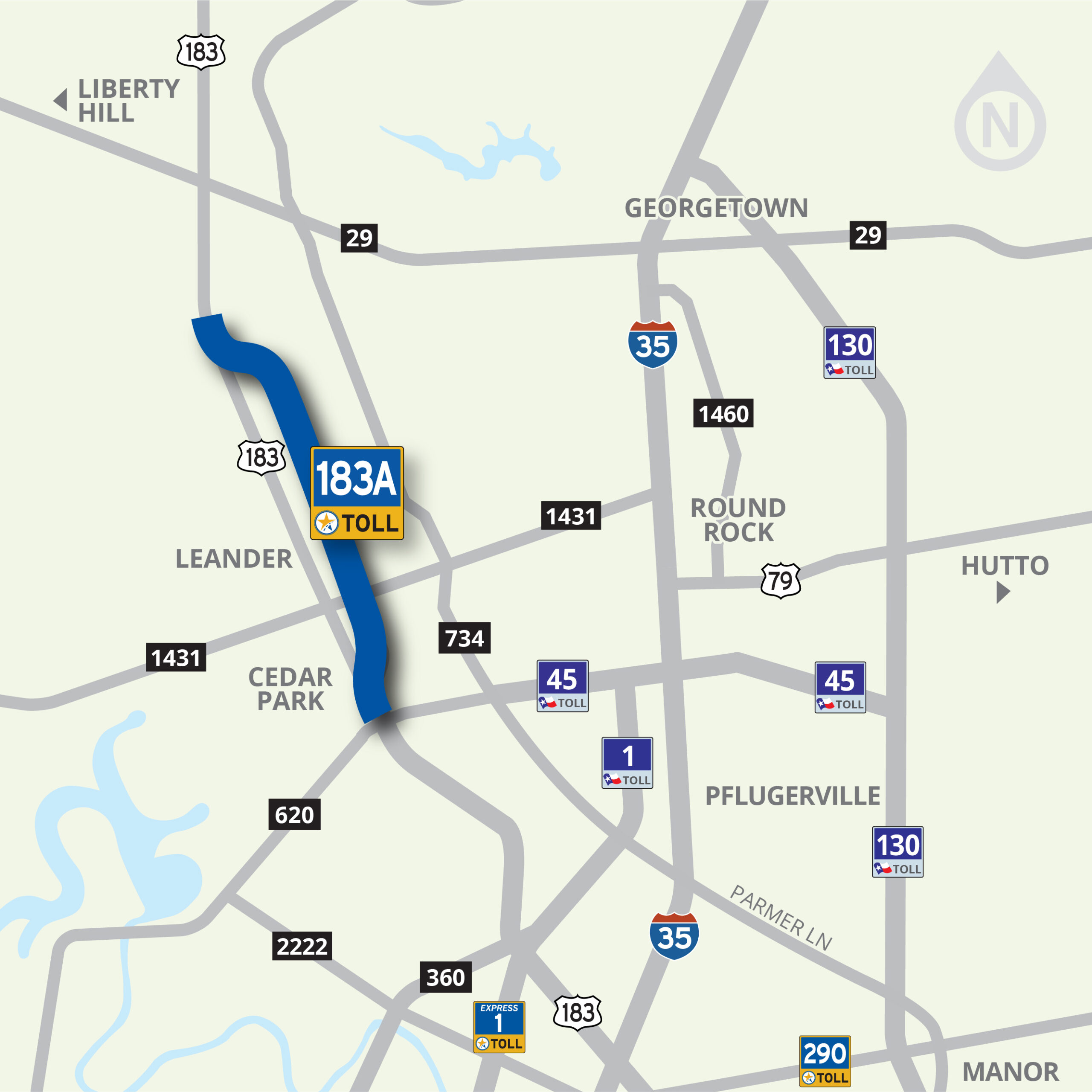 Map highlighting the 183A Toll road