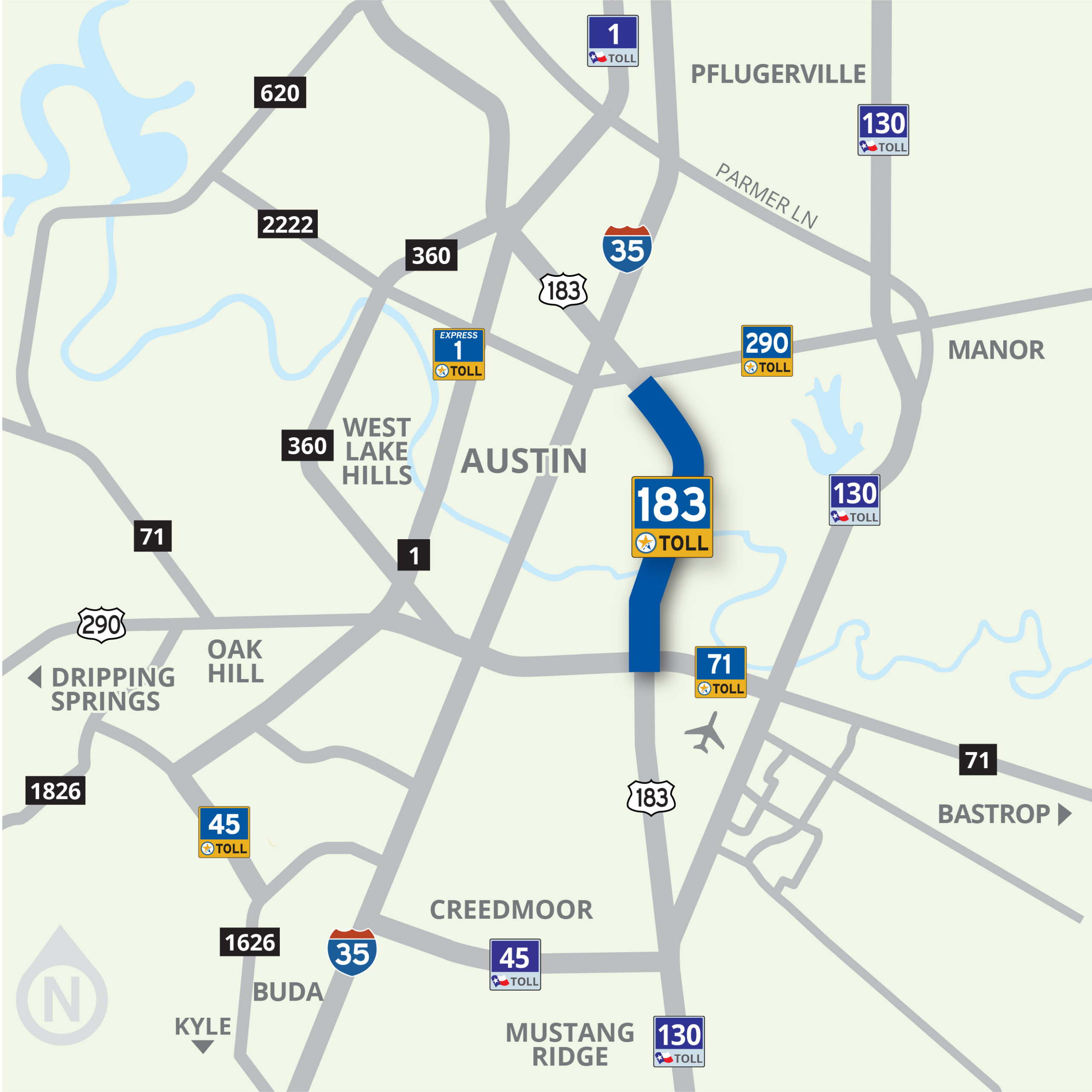 Map highlighting the 183 Toll road