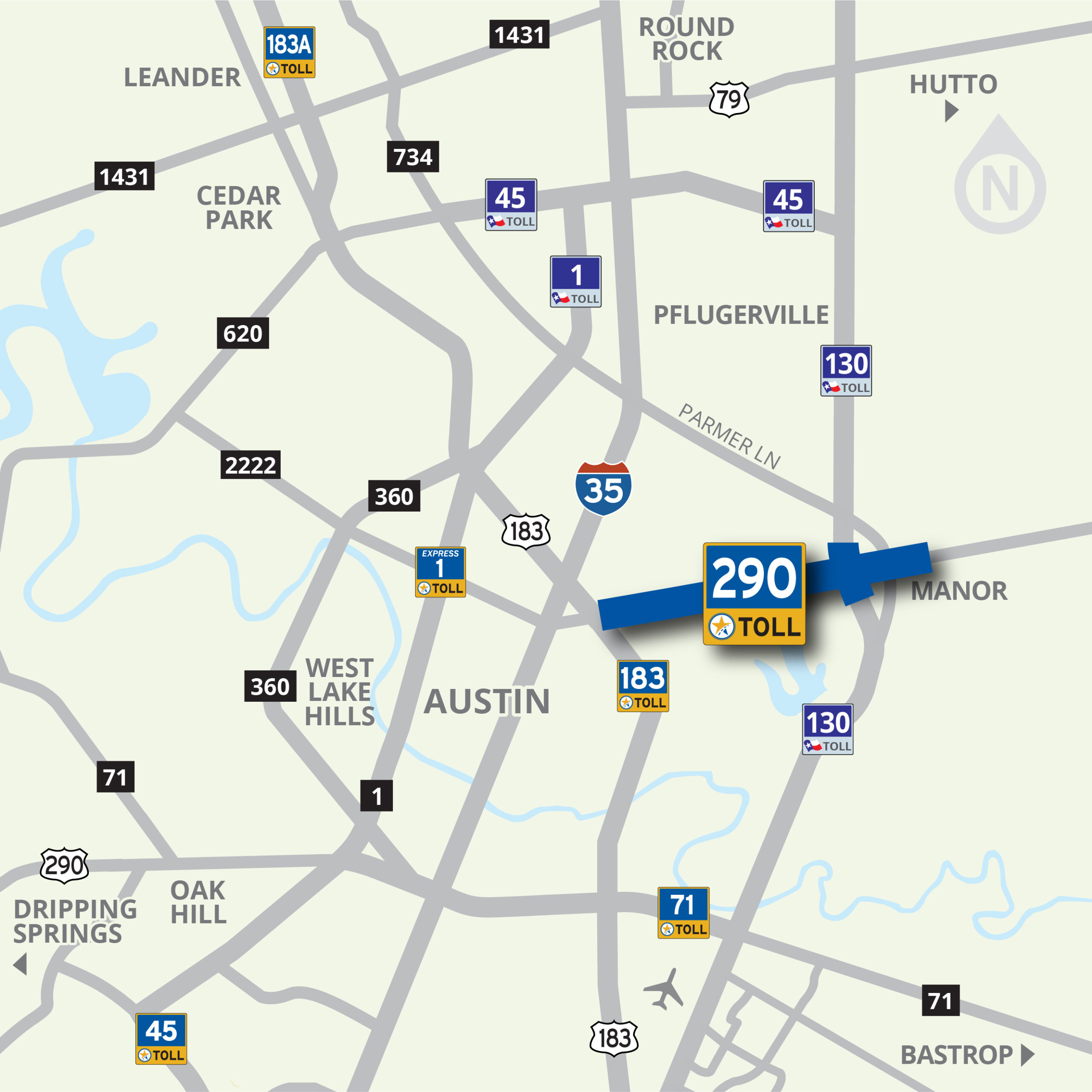 Map highlighting 290 Toll