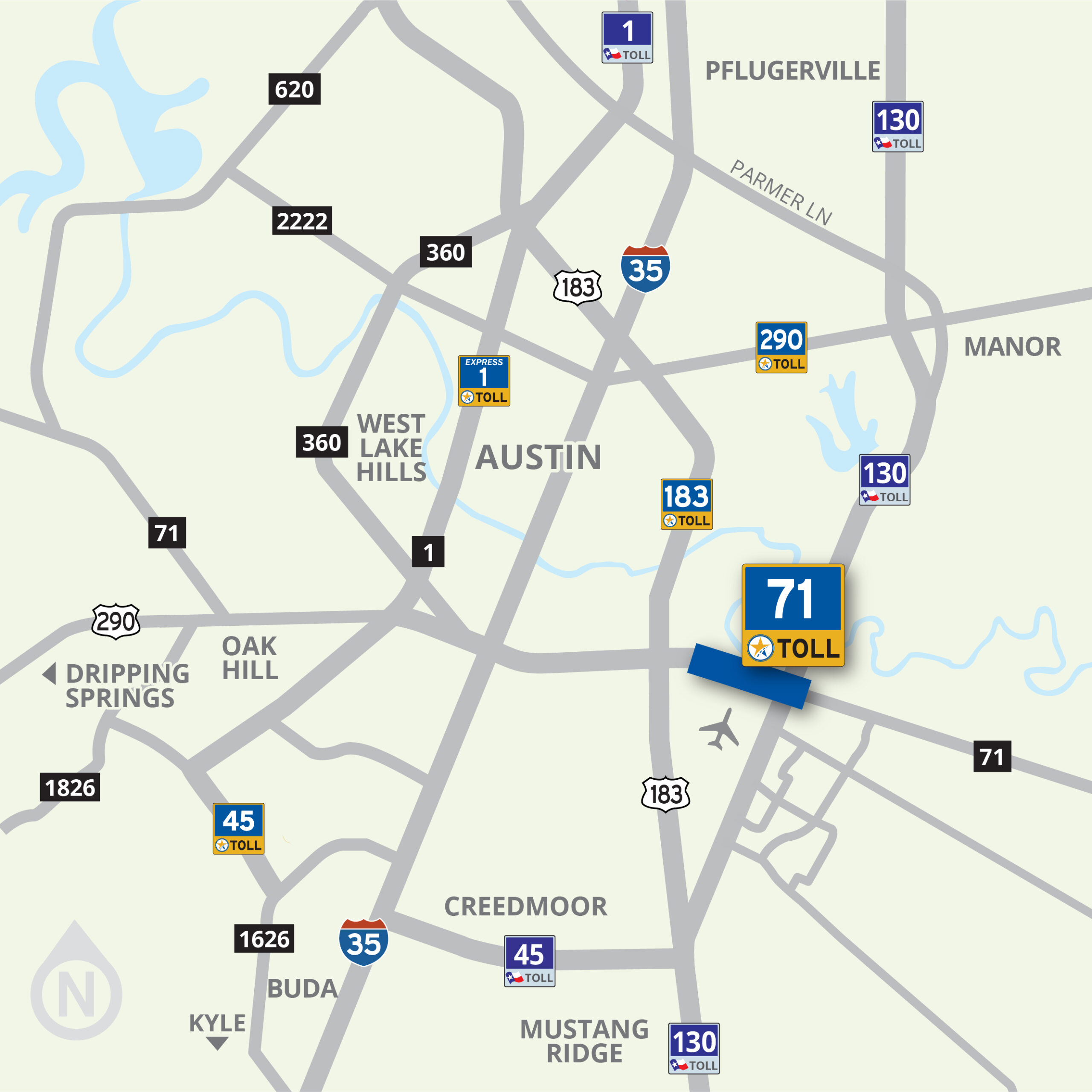 Map highlighting the 71 toll lane