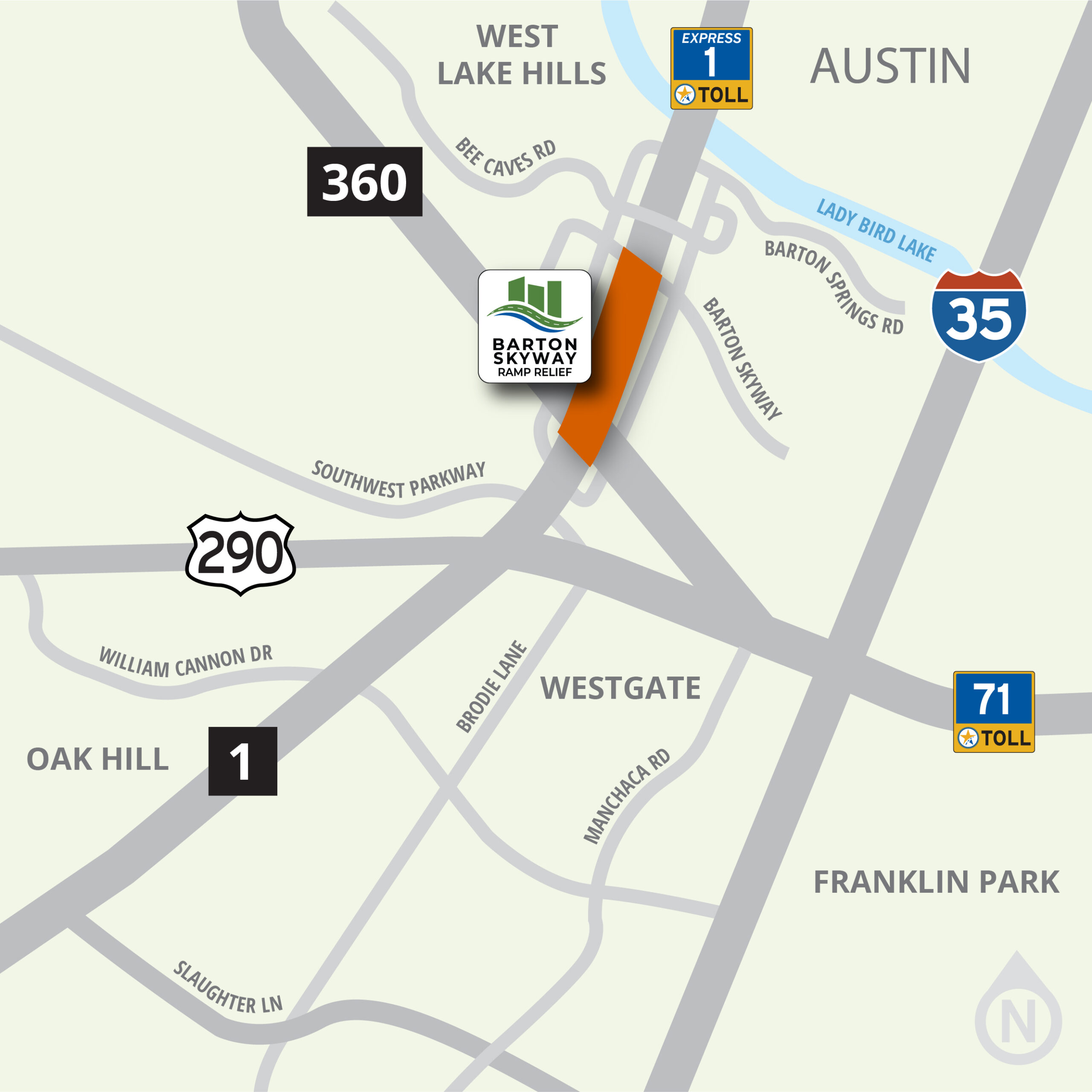 Map highlighting the Barton Skyway Ramp Relief project