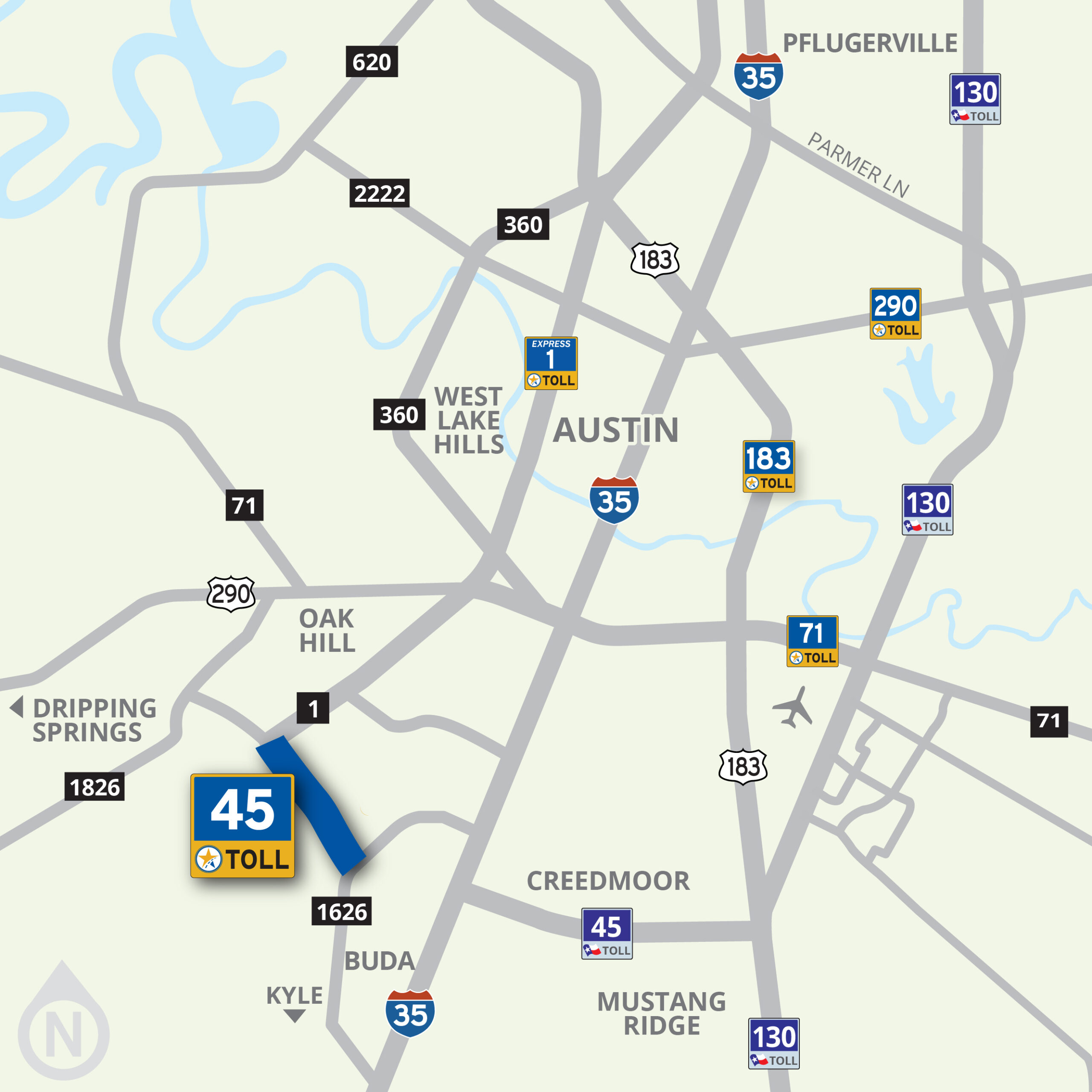 Map highlighting the 45SW toll road