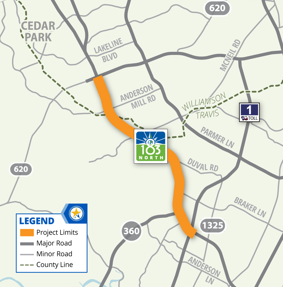 Map highlighting the 183 North project limits